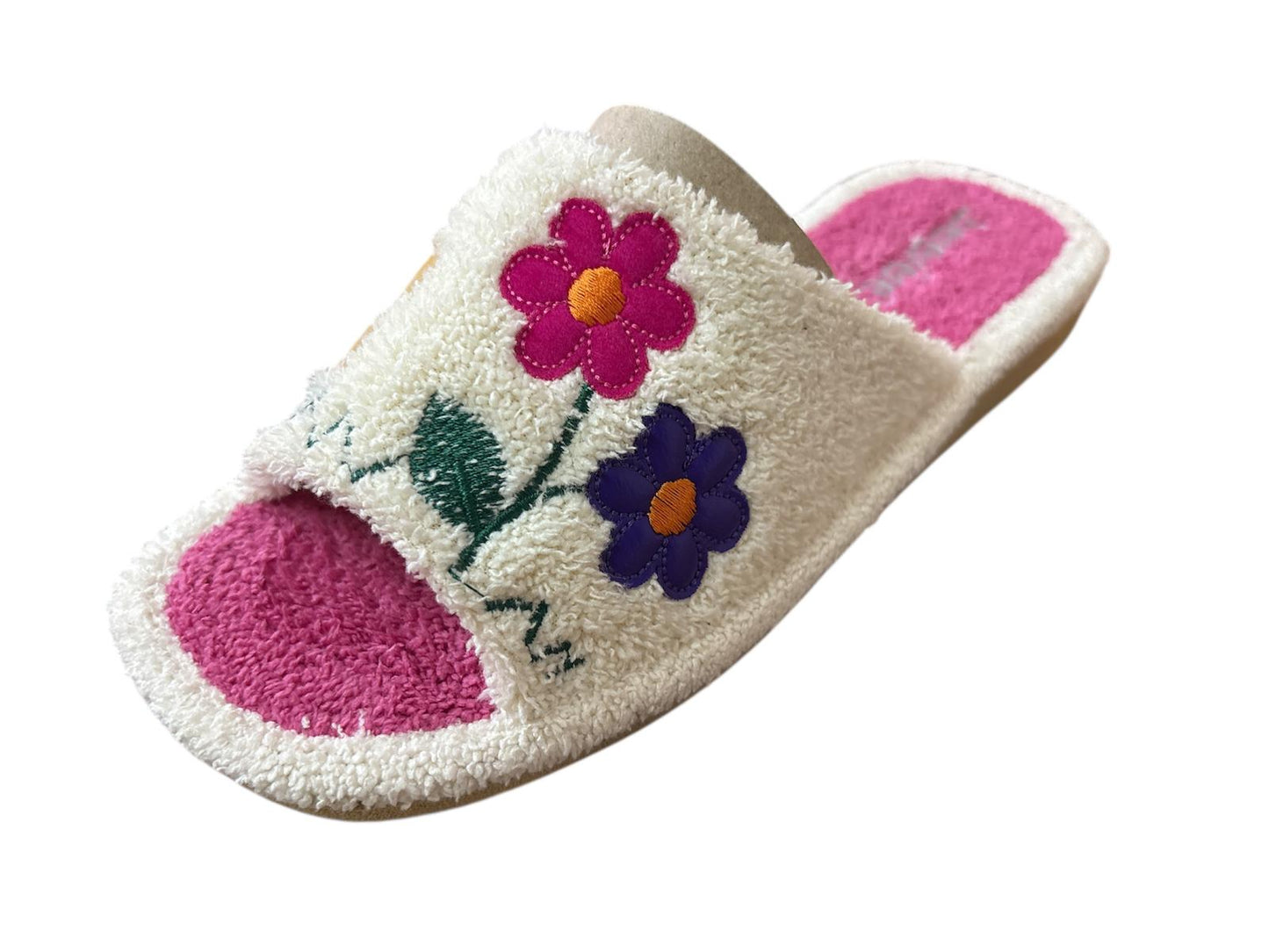 Zapatillas de mujer de rizo crudo/fuxia flores