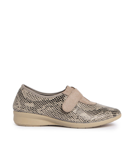 Zapato confort mujer velcro color beige print