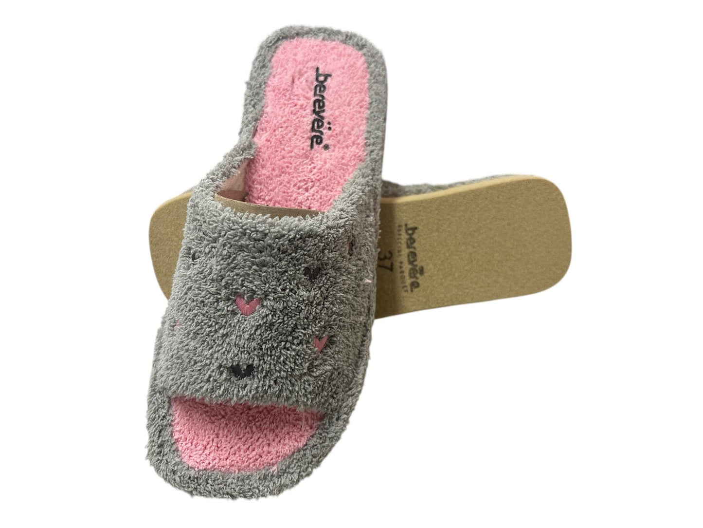 Zapatillas de mujer de rizo gris/rosa corazones