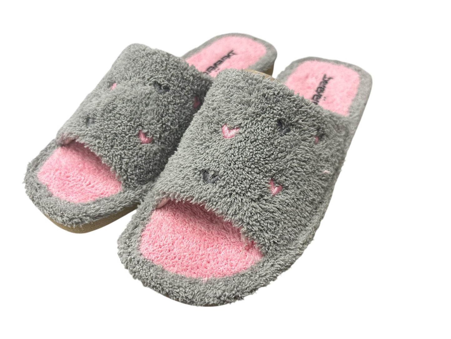 Zapatillas de mujer de rizo gris/rosa corazones