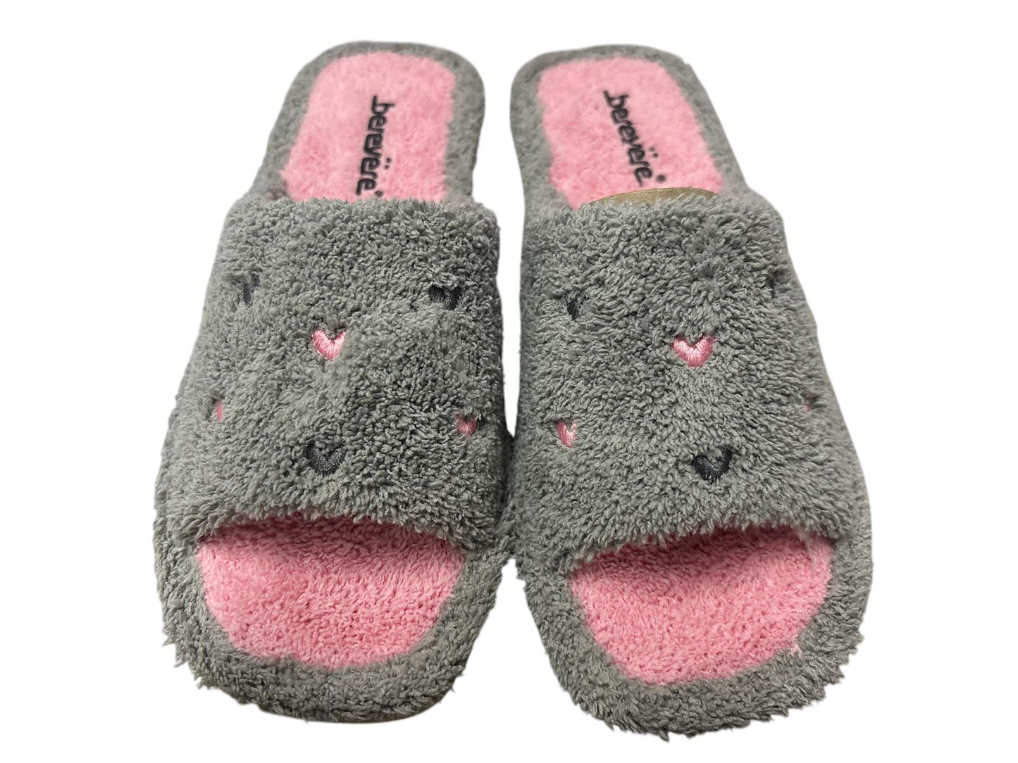 Zapatillas de mujer de rizo gris/rosa corazones
