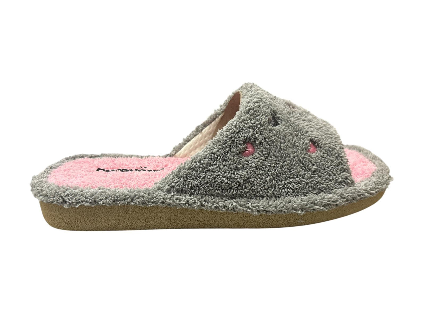 Zapatillas de mujer de rizo gris/rosa corazones